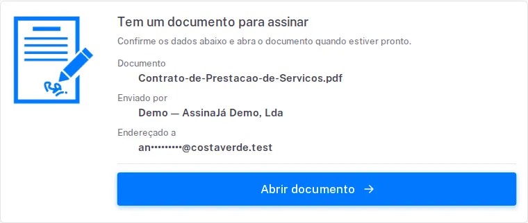 O ecrã de entrada do convite: Documento, Enviado por e Endereçado a, com o botão
Abrir documento.