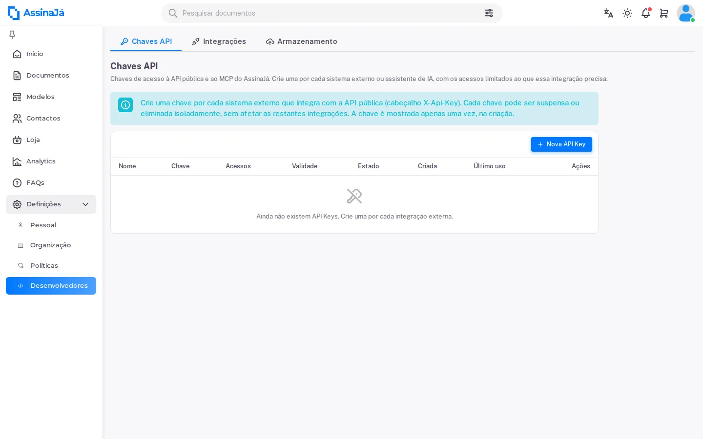 O separador Chaves API em Definições → Desenvolvedores, ainda sem chaves, com o
botão Nova API Key.