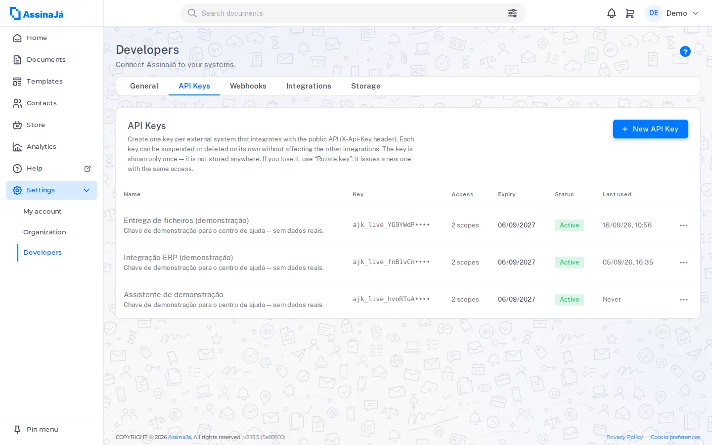 Die Registerkarte Einstellungen → Entwickler → API-Schlüssel, noch ohne Schlüssel, mit der
Schaltfläche Neuer API-Schlüssel.