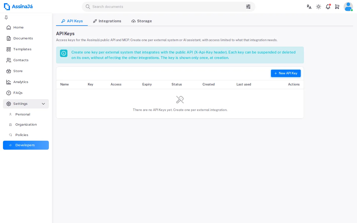 The API Keys tab under Settings → Developers, still empty, with the New API Key
button.