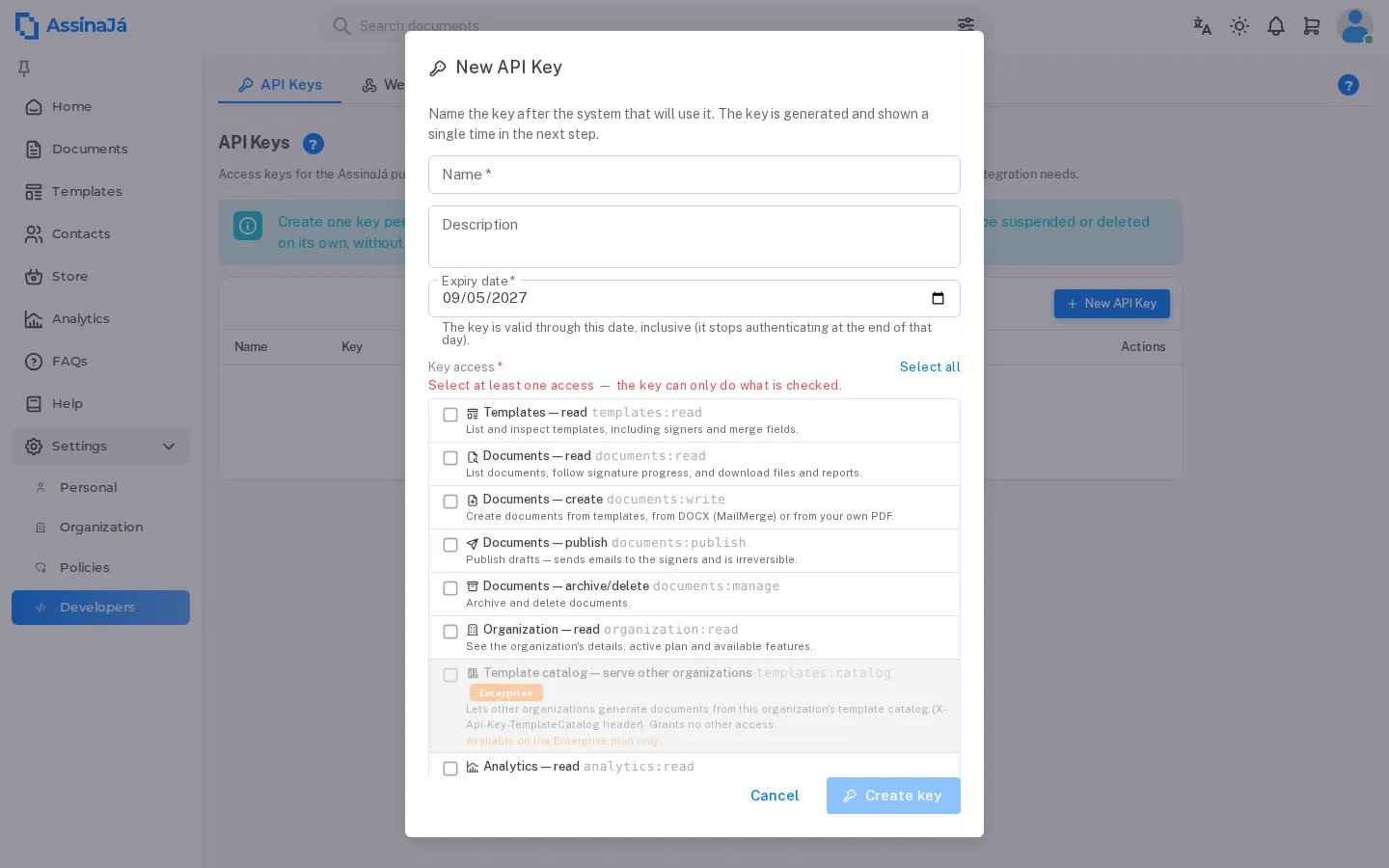 The New API Key dialog, with the name, the expiry date and the scope list still unticked.