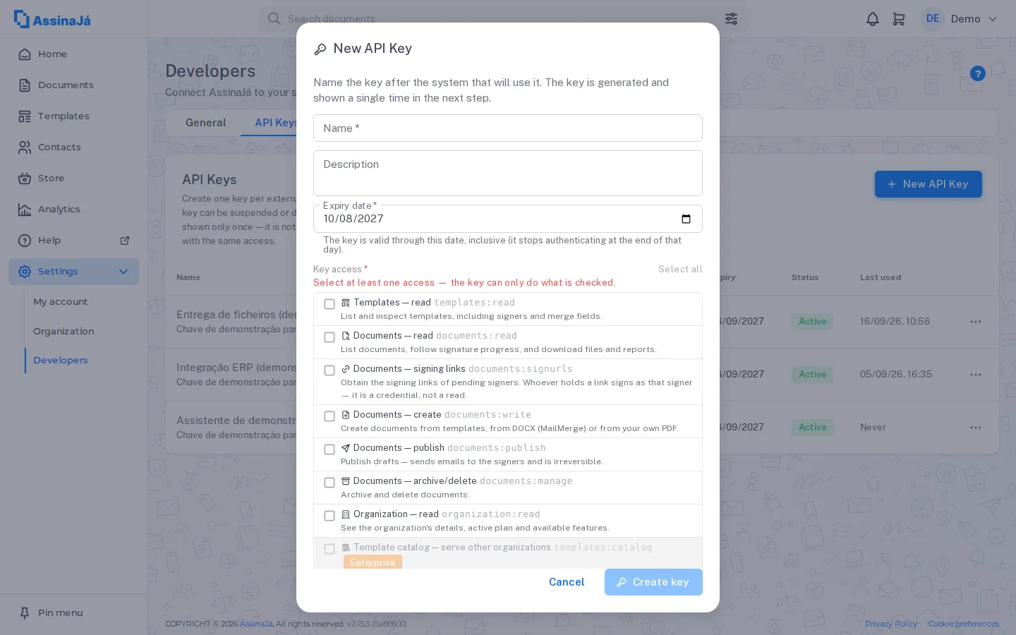 Der Dialog Neuer API-Schlüssel mit Name, Gültigkeitsdatum und der noch nicht markierten Liste der Berechtigungen.