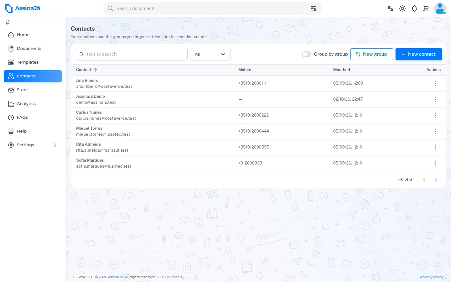 The Contacts list, with the search box, the All field, Group by group, New
group and New contact, and one row per contact with its ⋮ menu.