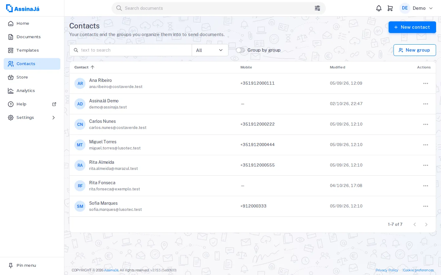 La liste des Contacts, avec la recherche, le champ Tous, Regrouper par groupe,
Nouveau groupe et Nouveau contact, et une ligne par contact avec le menu ⋯.