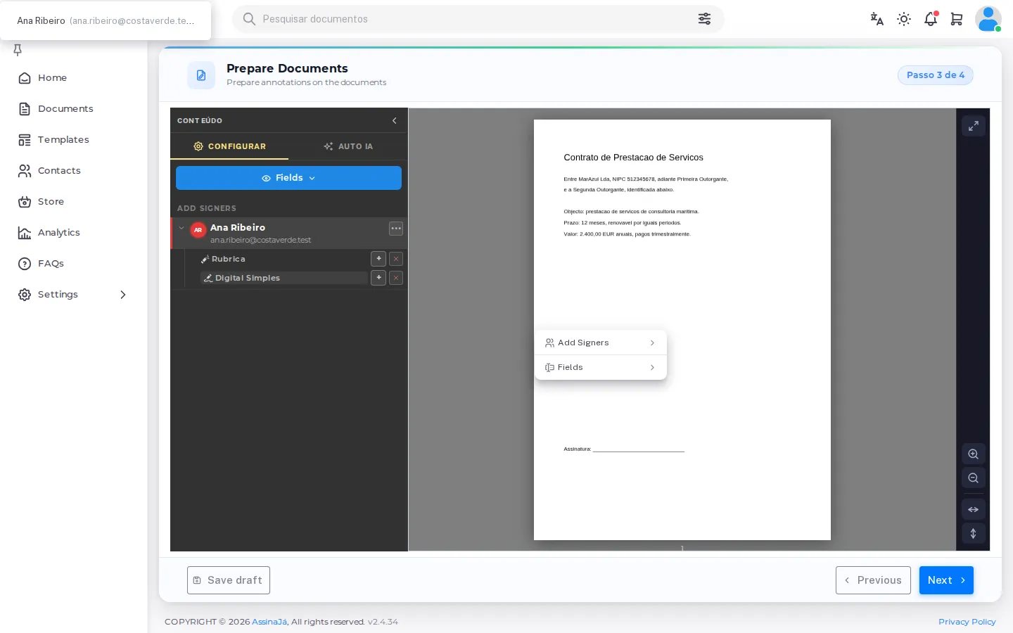 The right-click context menu, with Signers and
Fields.