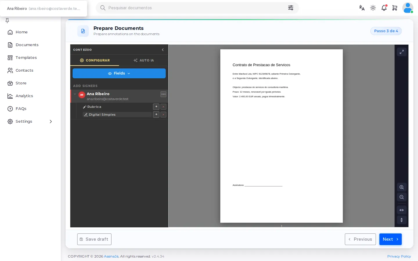 The editor, signer panel on the left and the document on the
right.