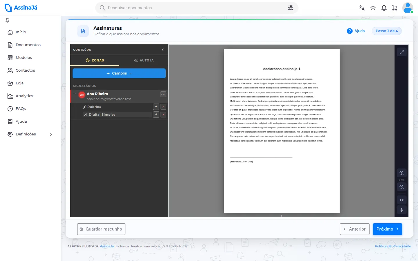 O editor, com o painel de signatários à esquerda e o documento à
direita.