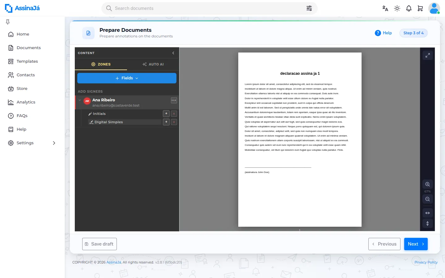 The editor, signer panel on the left and the document on the
right.