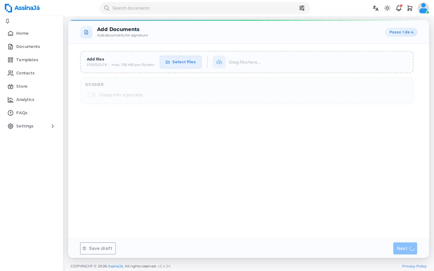 The first wizard step, with the file upload
area.