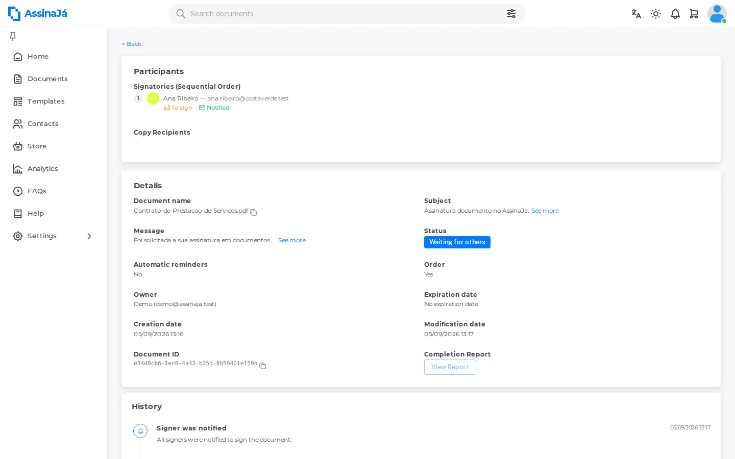 A document’s audit view: participants, details and the timeline.
