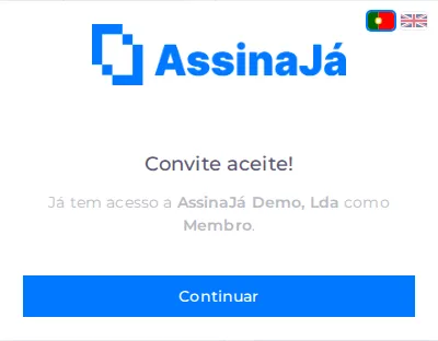 O ecrã de convite aceite, com a organização, o papel e o botão
Continuar.