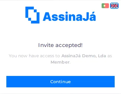 The invite-accepted screen, with the organisation, the role and the Continue
button.