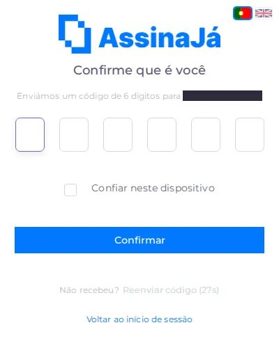 O ecrã do código: seis caixas, Confiar neste dispositivo, e Reenviar código. O
endereço está tapado nesta imagem; no seu ecrã aparece o
seu.