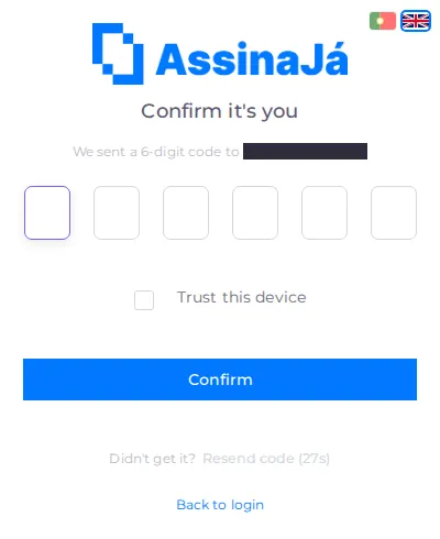 The code screen: six boxes, Trust this device, and Resend code. The address is
blanked in this image; on your screen it is
yours.
