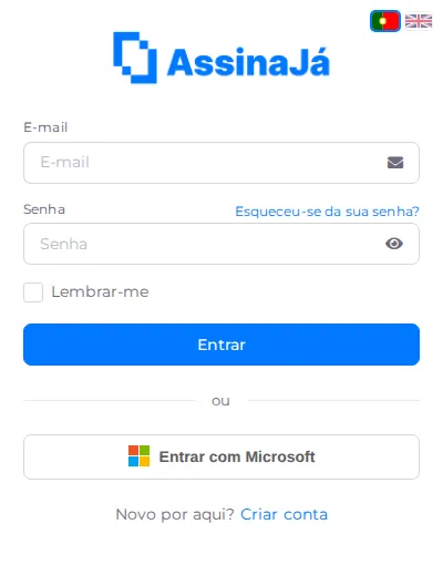 O ecrã de entrada do AssinaJá, com os campos de e-mail e senha, a opção
Lembrar-me, e a alternativa Entrar com
Microsoft.