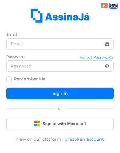 The AssinaJá sign-in screen, with the email and password fields, the Remember Me
option, and the Sign in with Microsoft
alternative.