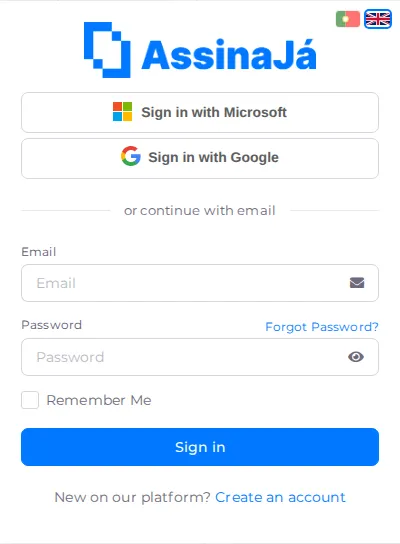 The AssinaJá sign-in screen, with the email and password fields, the Remember Me
option, and the Sign in with Microsoft
alternative.