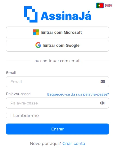 O ecrã de entrada do AssinaJá, com os campos de email e palavra-passe, a opção
Lembrar-me, e a alternativa Entrar com
Microsoft.