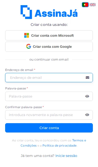 O formulário de email aberto, com os campos da conta e o botão Criar conta.