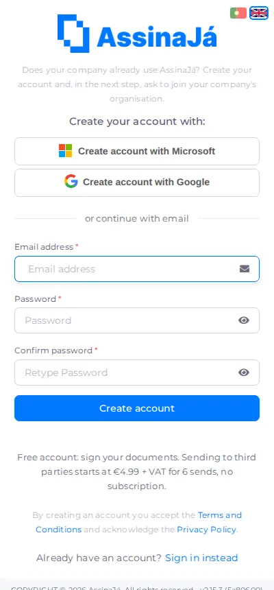 Il modulo email aperto, con i campi dell’account e il pulsante Crea account.