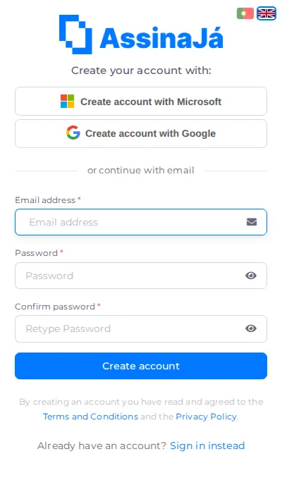 The email form open, with the account fields and the Create account button.
