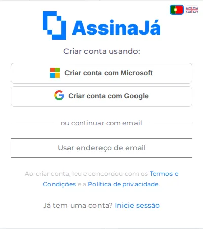 O ecrã de criar conta, com Criar conta com Microsoft e Criar conta com Google antes do separador ou continuar com email.