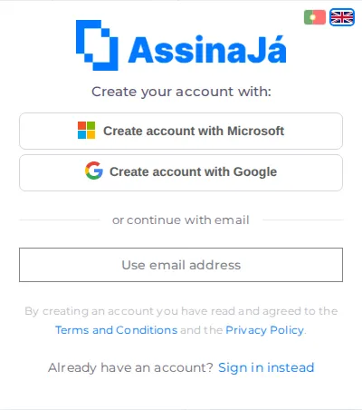 The create-account screen, with Create account with Microsoft and Create account with Google above the or continue with email divider.