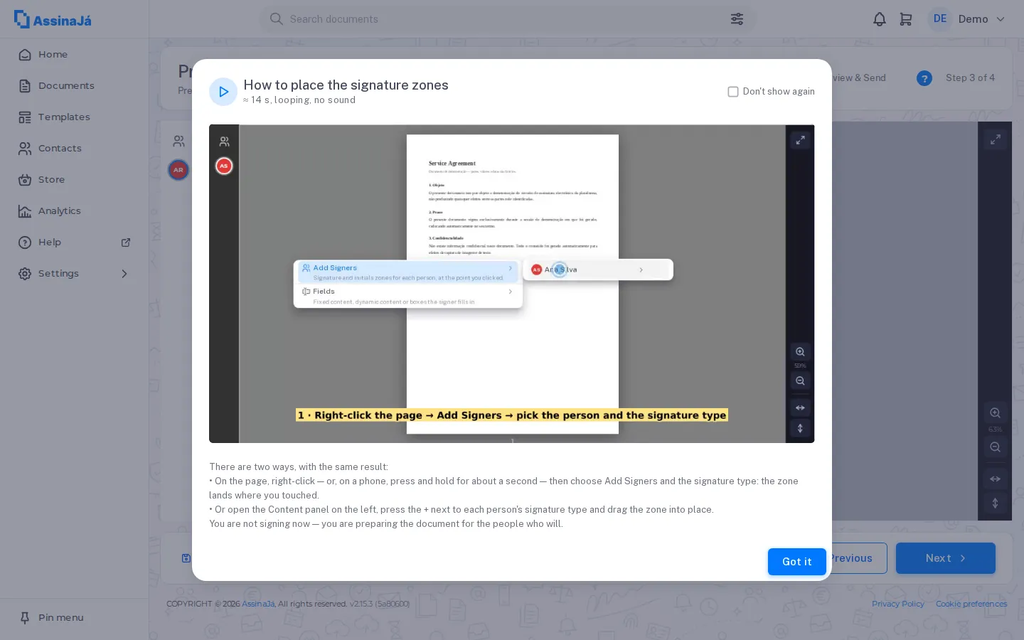 Das Video So platzieren Sie die Signaturfelder, geöffnet über dem Editor in Schritt 3.