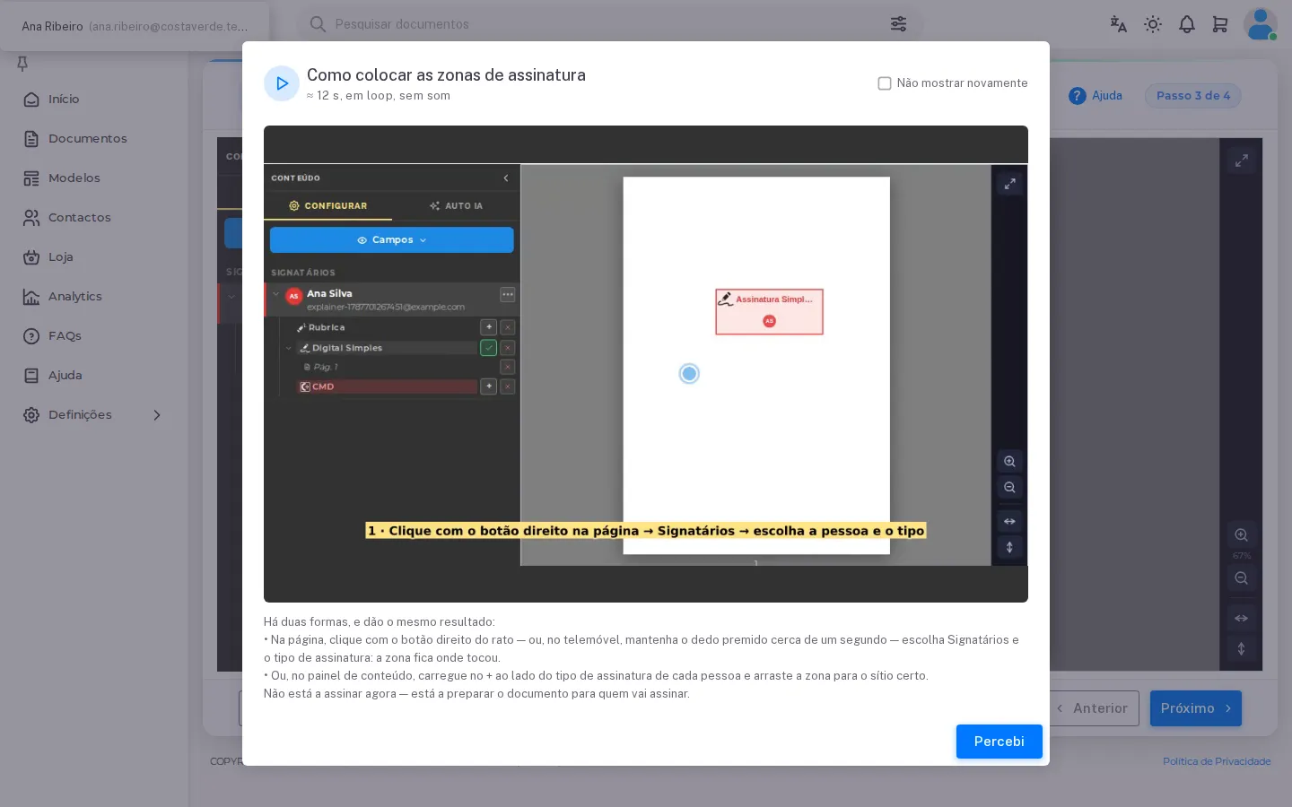 O vídeo Como colocar as zonas de assinatura, aberto sobre o editor do passo 3.