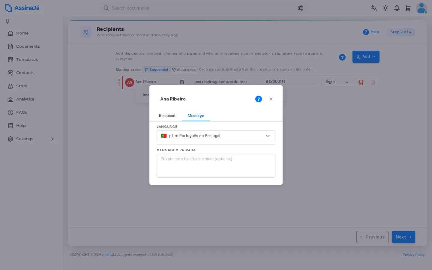 The Message tab, with language and private
message.