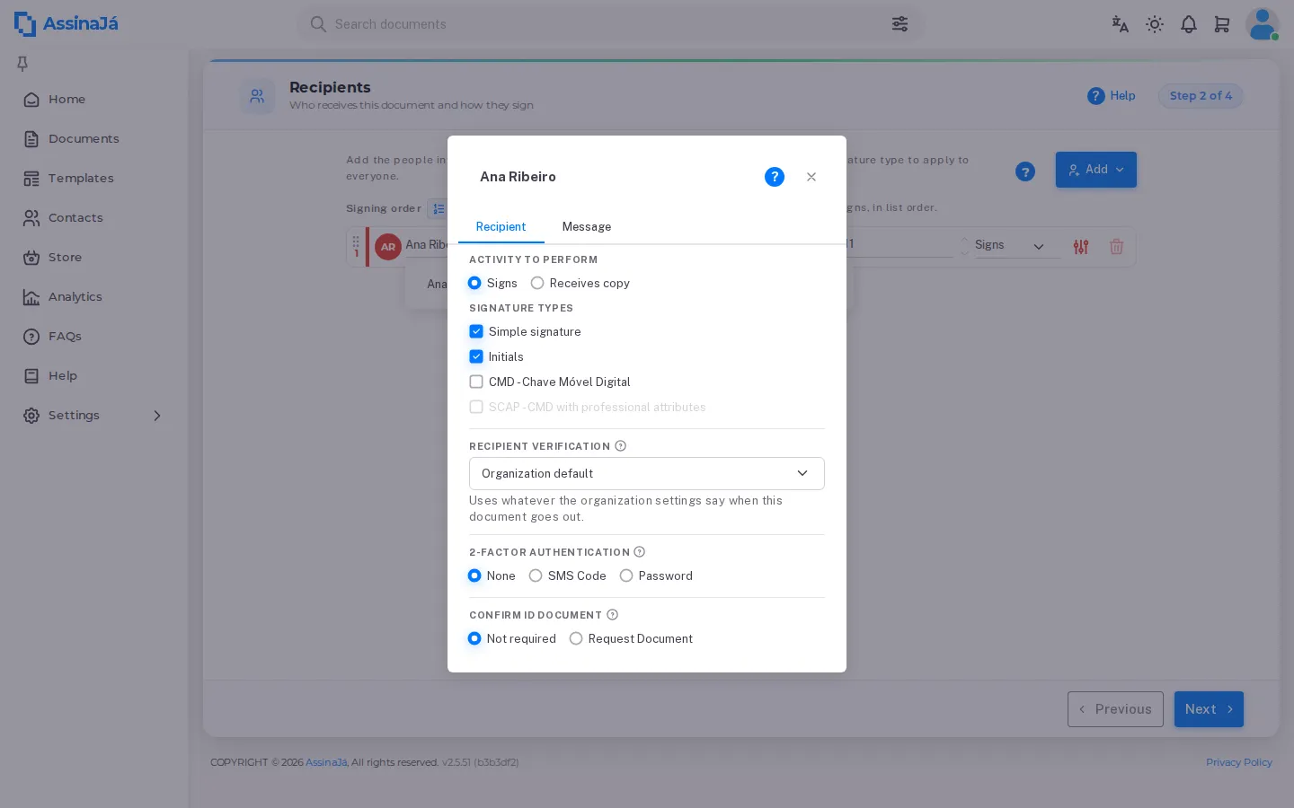 The same panel with a simple signature: 2-Factor Authentication and Confirm ID
Document appear.