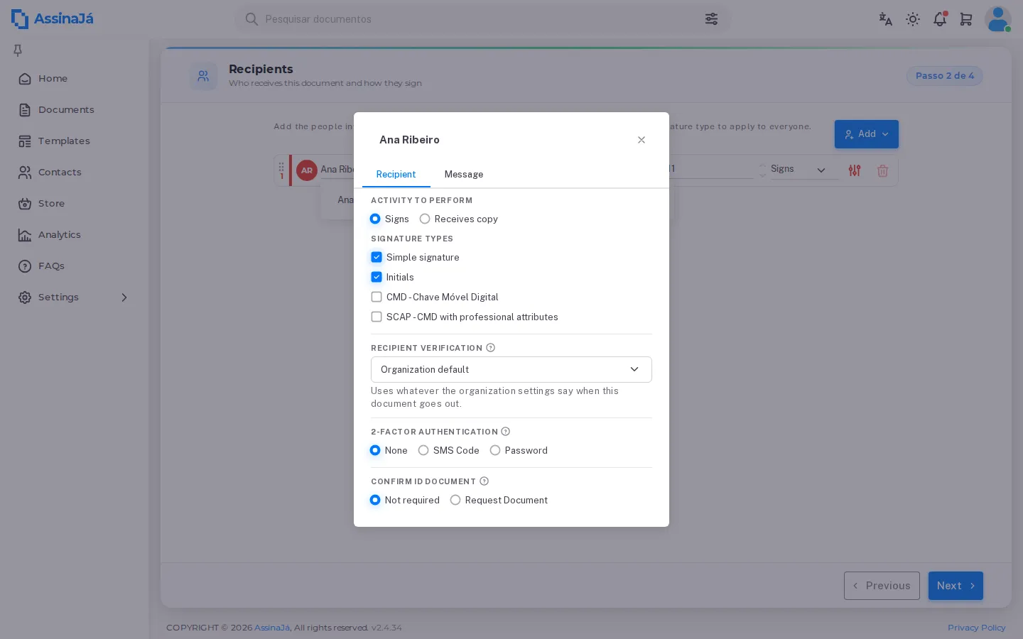 The same panel with a simple signature: 2-Factor Authentication and Confirm ID
Document appear.