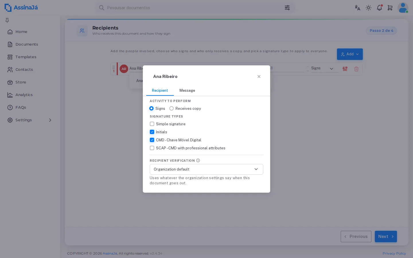 The Customise panel, with activity, signature types and recipient
verification.