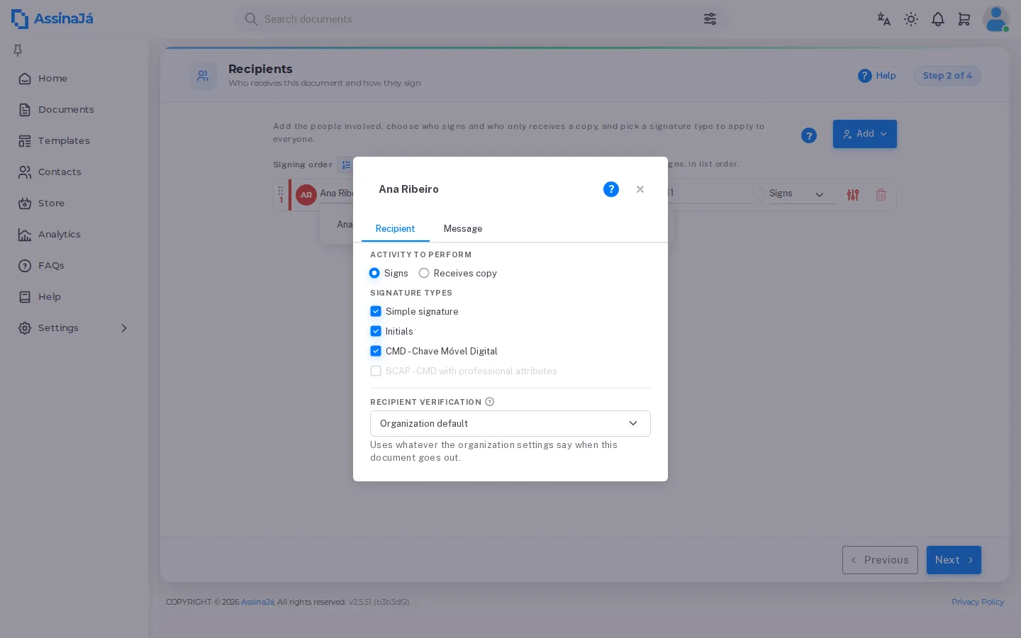 The Customise panel, with activity, signature types and recipient
verification.