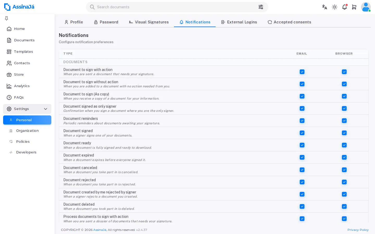 The notifications table, with its EMAIL and BROWSER columns.