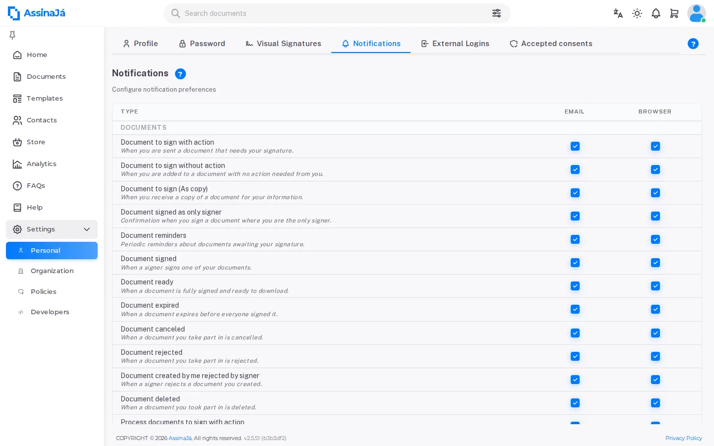 The notifications table, with its EMAIL and BROWSER columns.