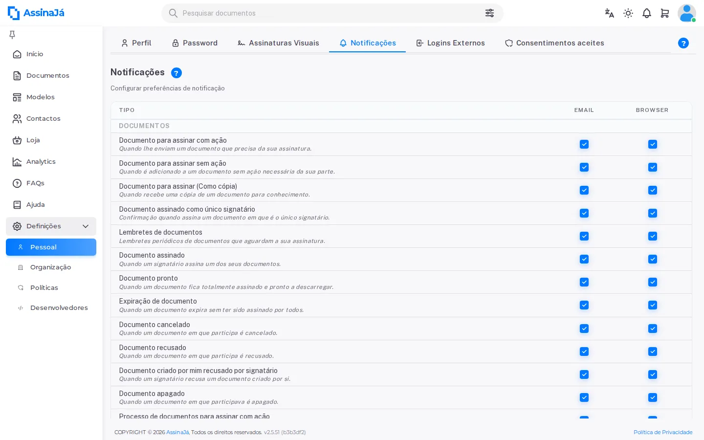 A tabela de notificações, com as colunas EMAIL e BROWSER.