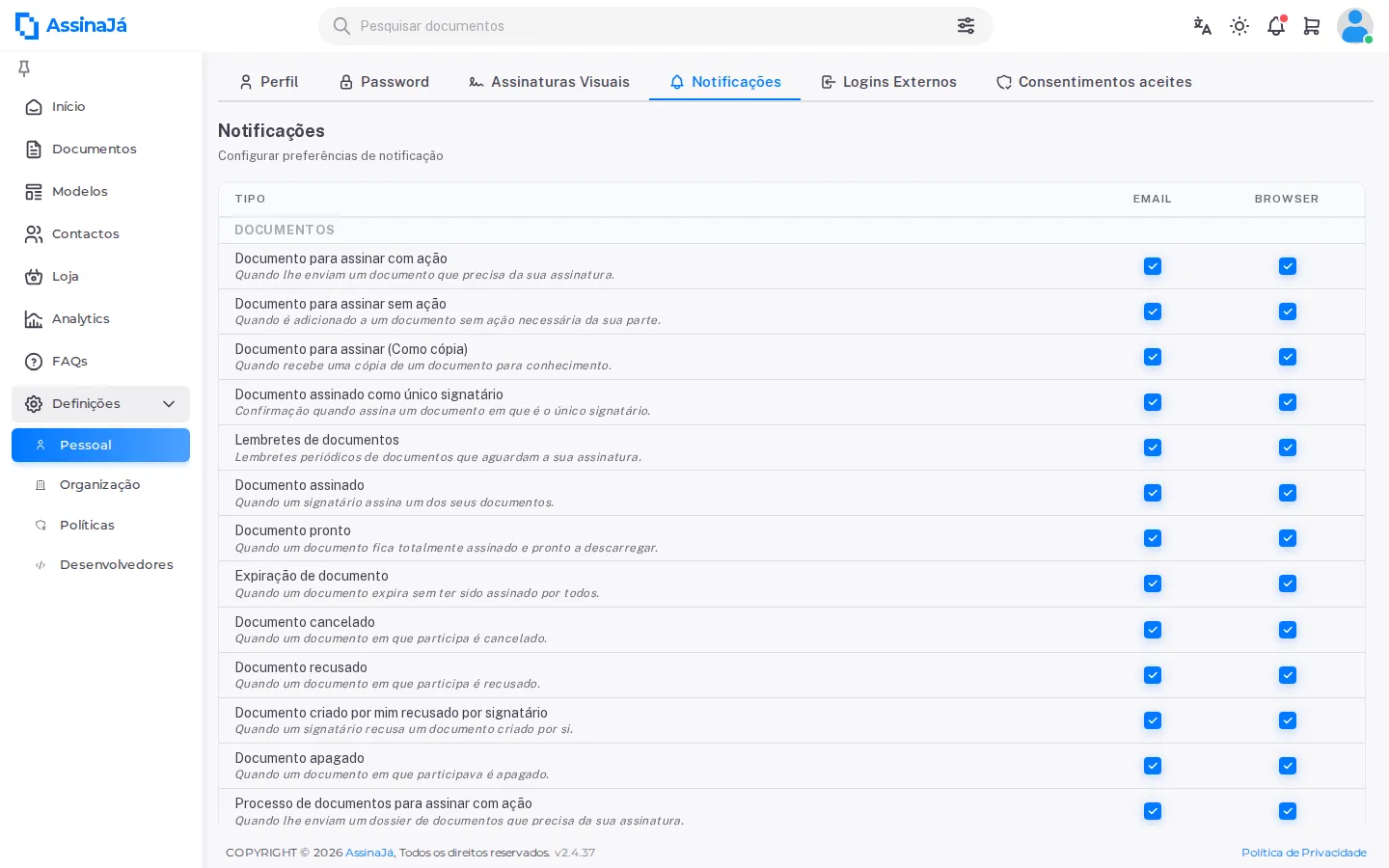 A tabela de notificações, com as colunas EMAIL e BROWSER.