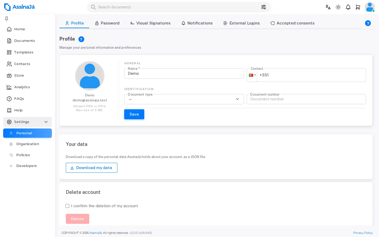 The Profile tab, with name, email and contact.