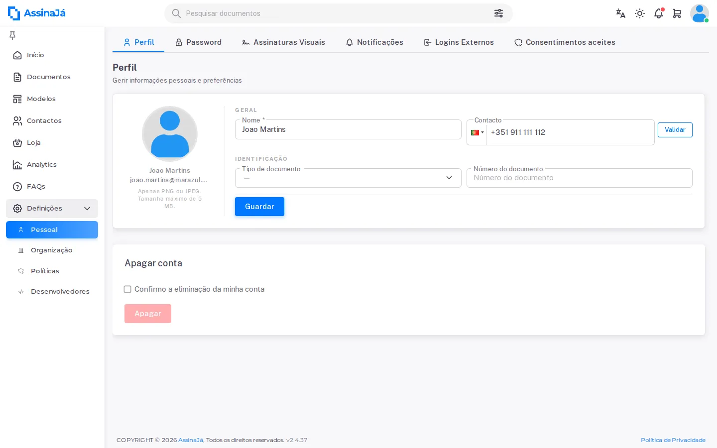 O separador Perfil, com nome, email e contacto.