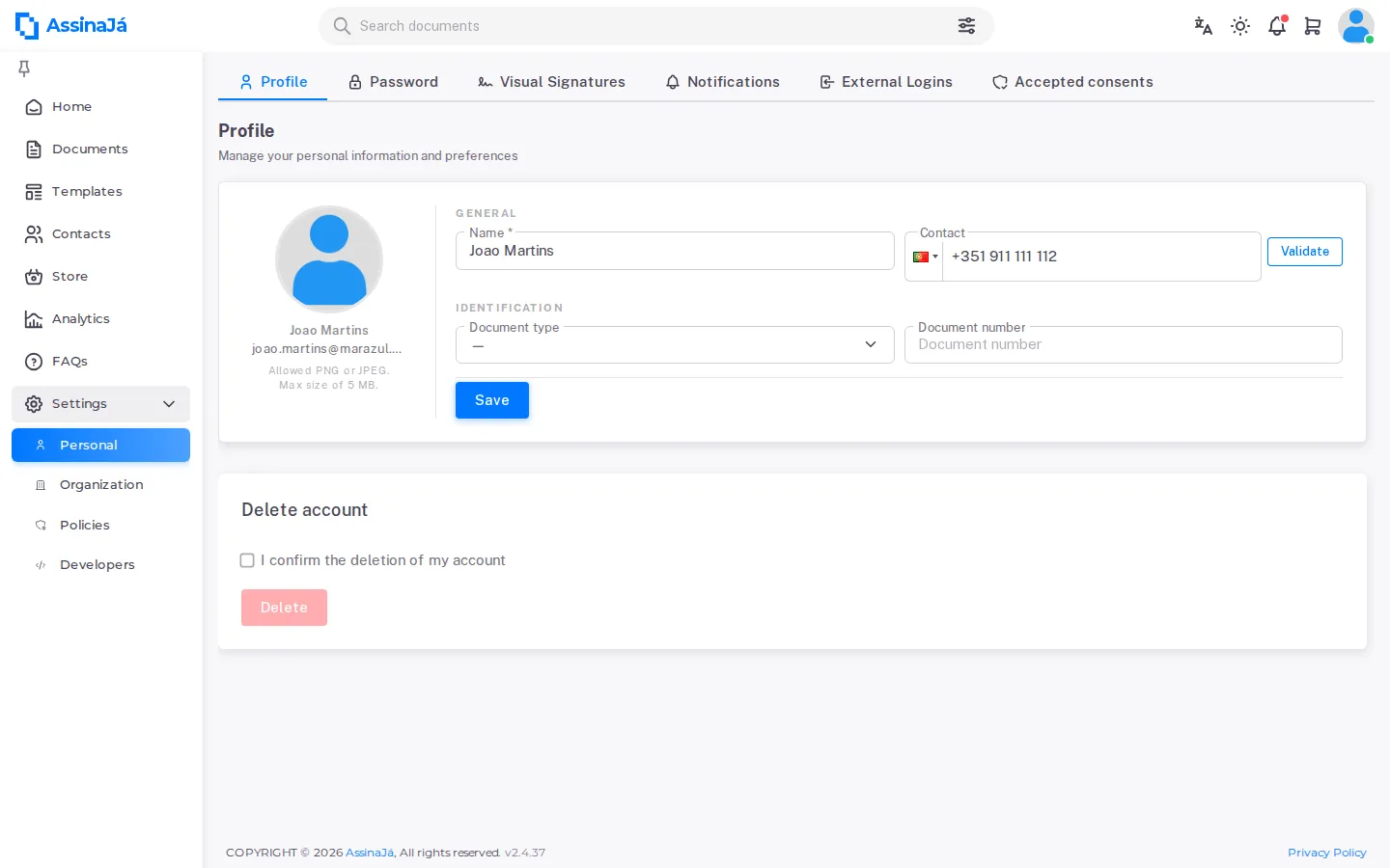 The Profile tab, with name, email and contact.