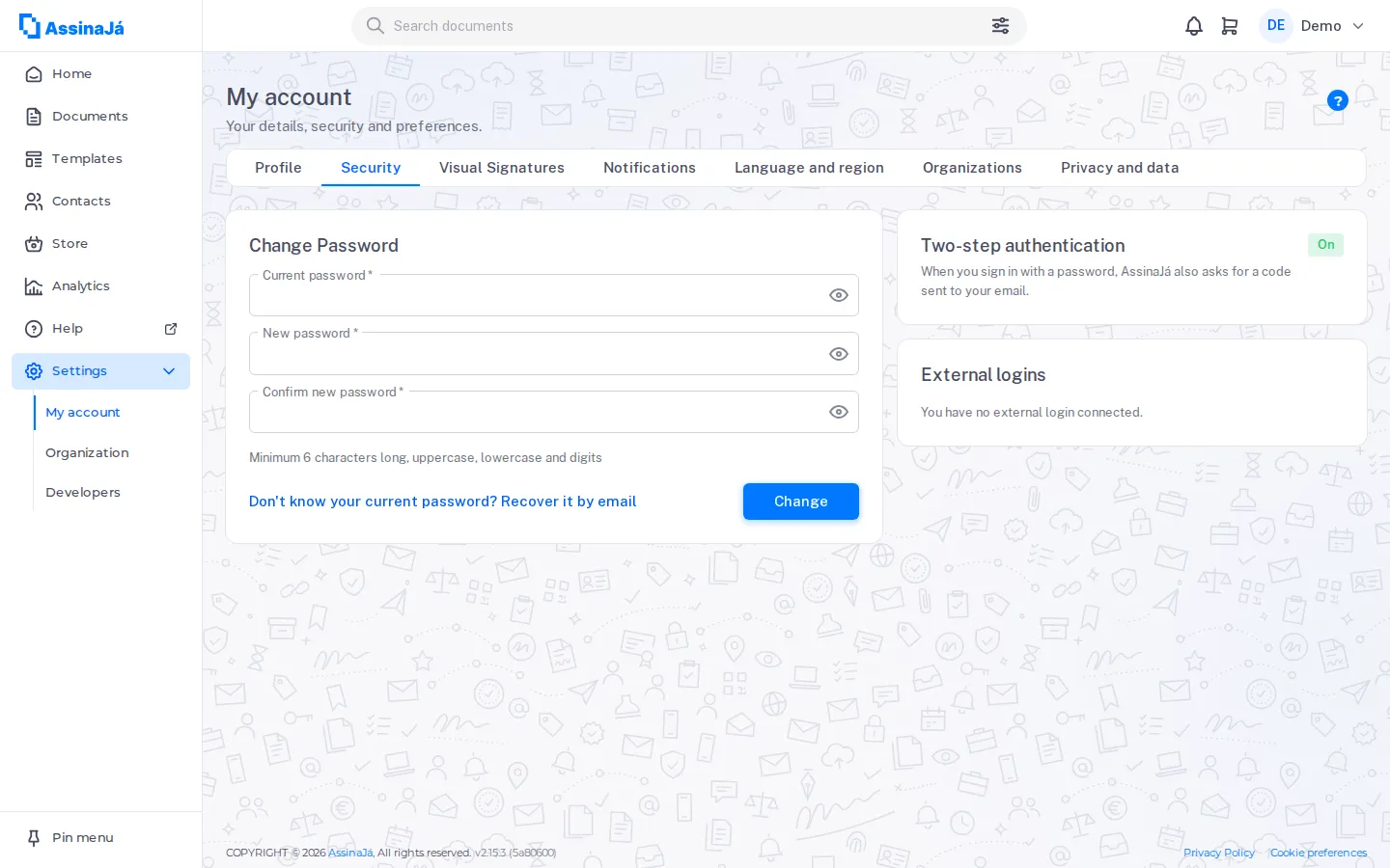 Die Registerkarte Sicherheit unter Mein Konto, mit dem Hinweis zu den Regeln und
dem Link zum Zurücksetzen per E-Mail.