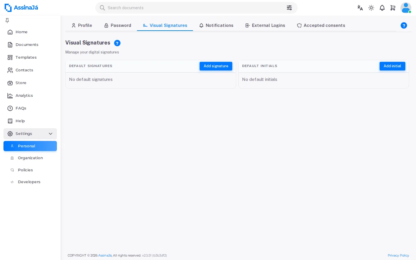 The default signatures and initials cards, still empty.