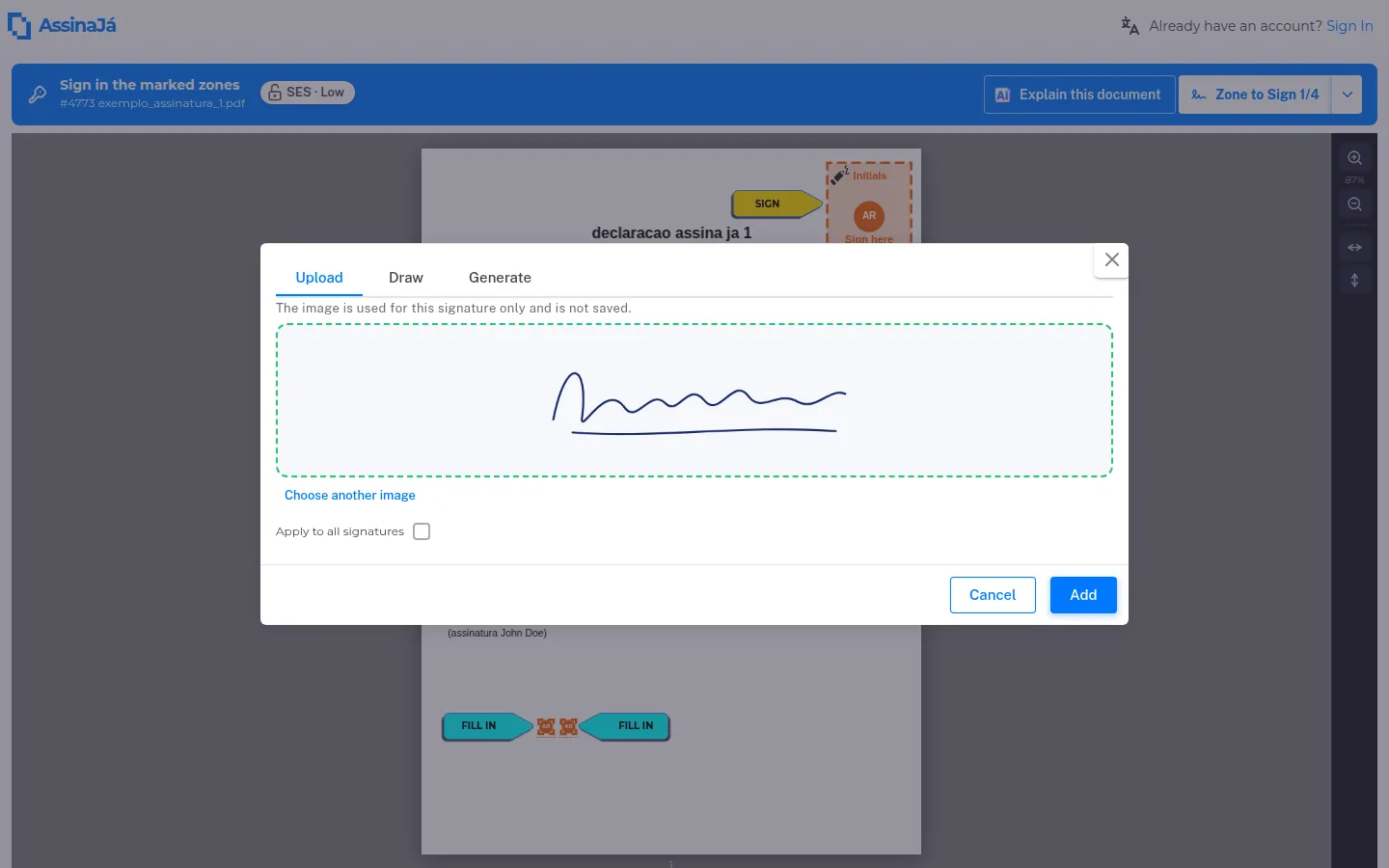 A guest’s signature panel on the Upload tab, with an image
chosen.