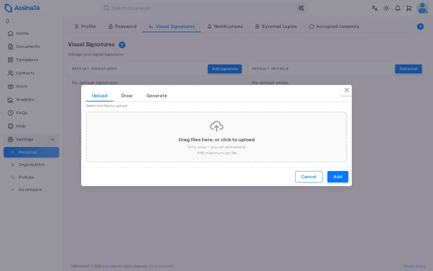 The signature dialog, open on the Upload tab.