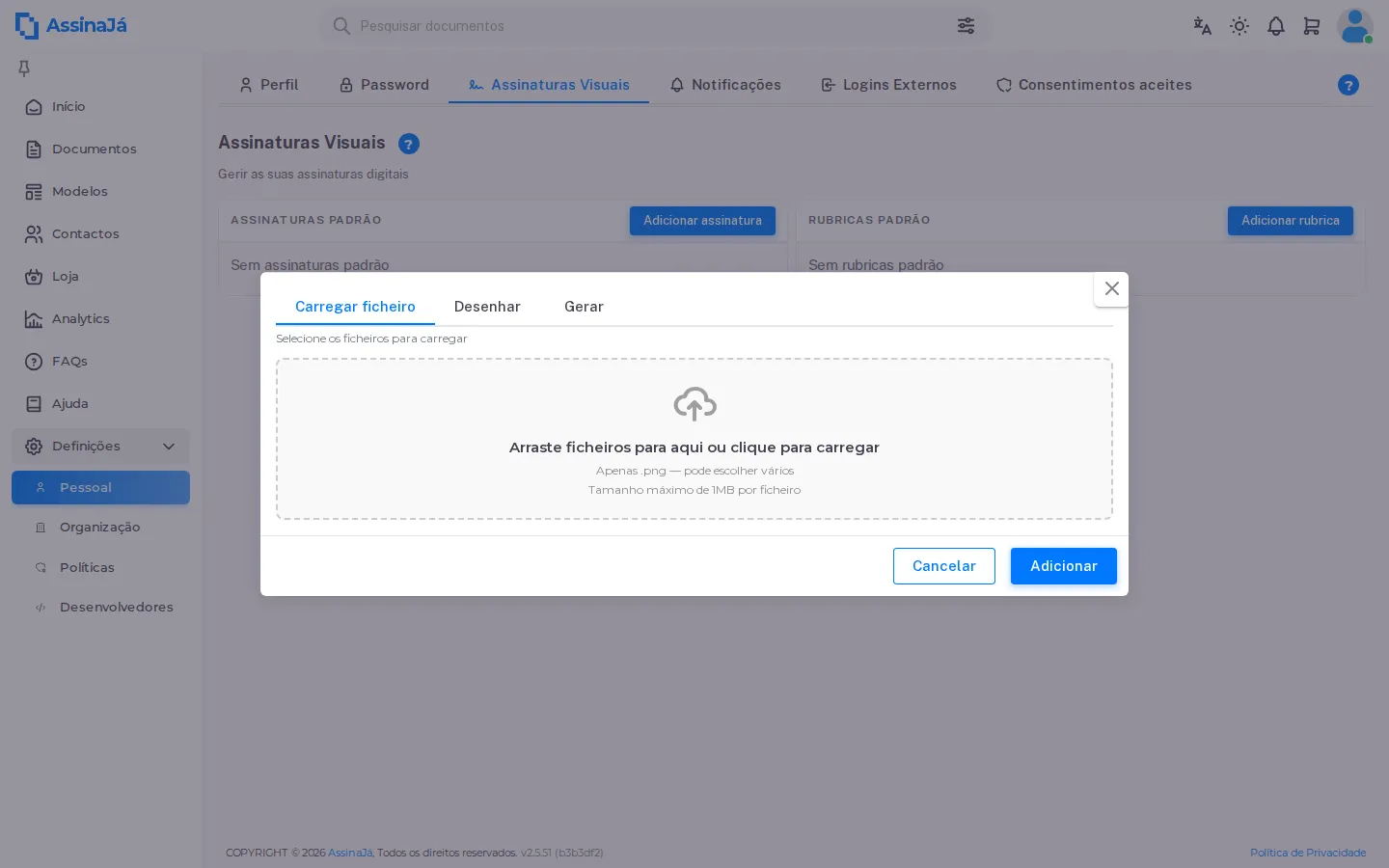 O diálogo de assinatura, aberto no separador Carregar ficheiro.