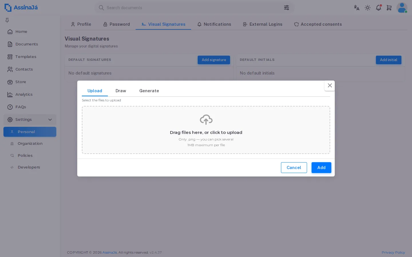 The signature dialog, open on the Upload tab.
