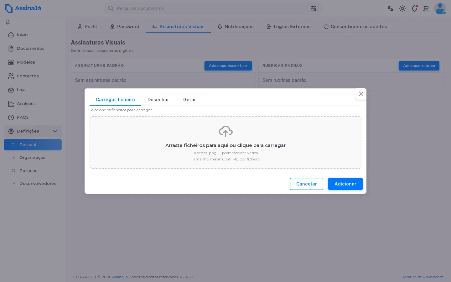 O diálogo de assinatura, aberto no separador Carregar ficheiro.