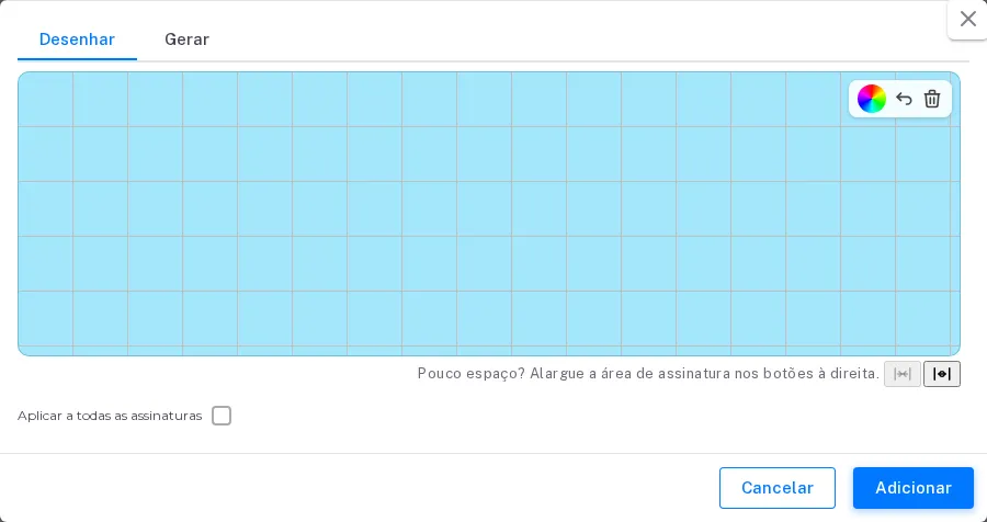 O painel da assinatura, aberto no separador Desenhar, com Aplicar a todas as
assinaturas e Adicionar.