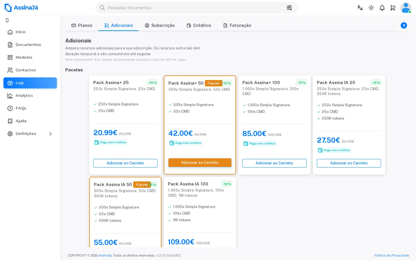 O separador de adicionais da loja, com os pacotes e os respetivos preços.
